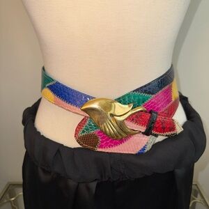 Vintage - 80’s Rainbow Snakeskin Belt with Gold Buckle